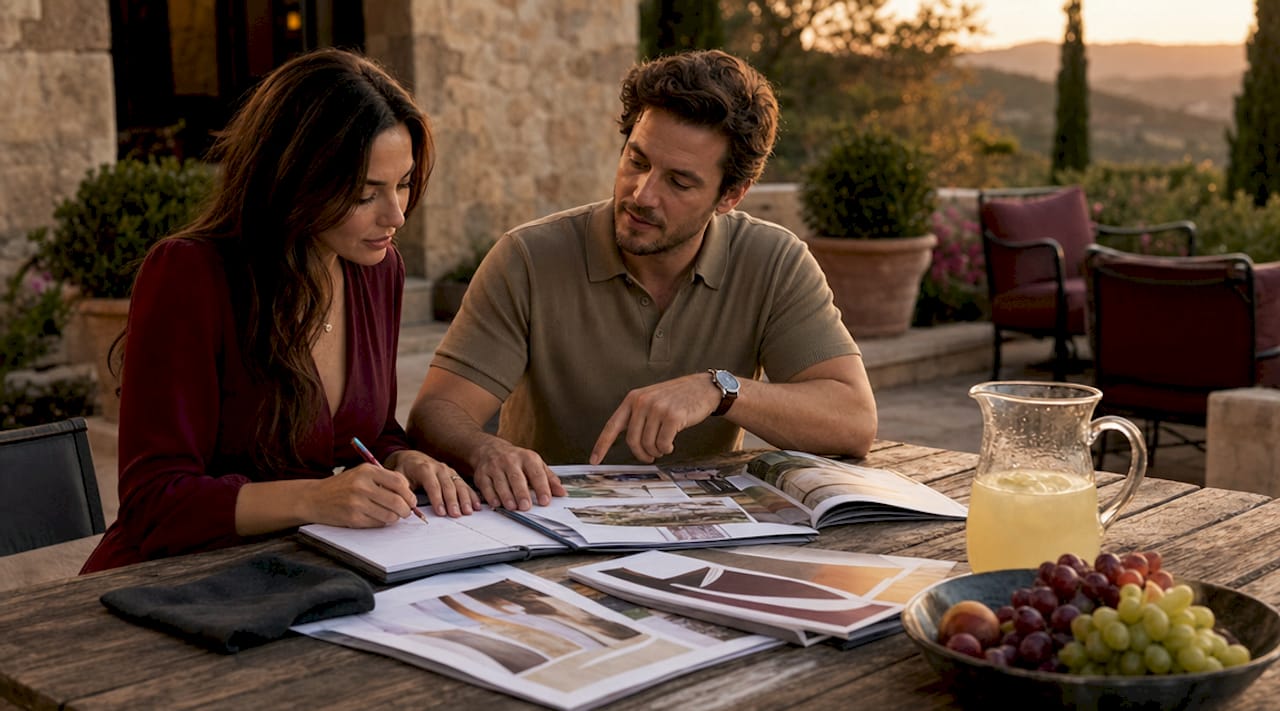 Couple reviewing wedding beverage contracts