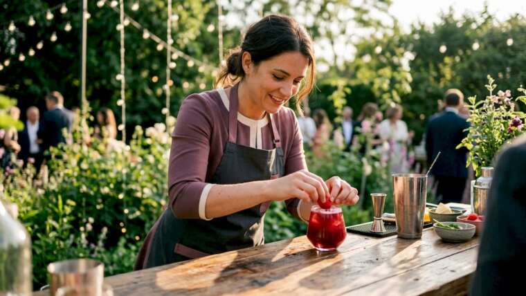 Female bartender preparing branded cocktail at corporate event