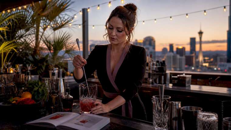 Bartender mixing colorful cocktail at wedding bar