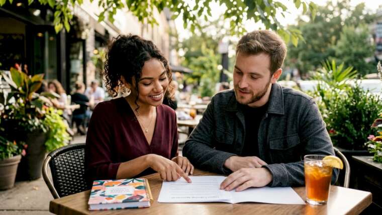 Couple reviewing wedding liquor contract at home