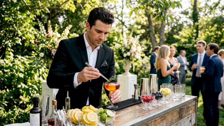 Bartender preparing drinks at corporate conference bar