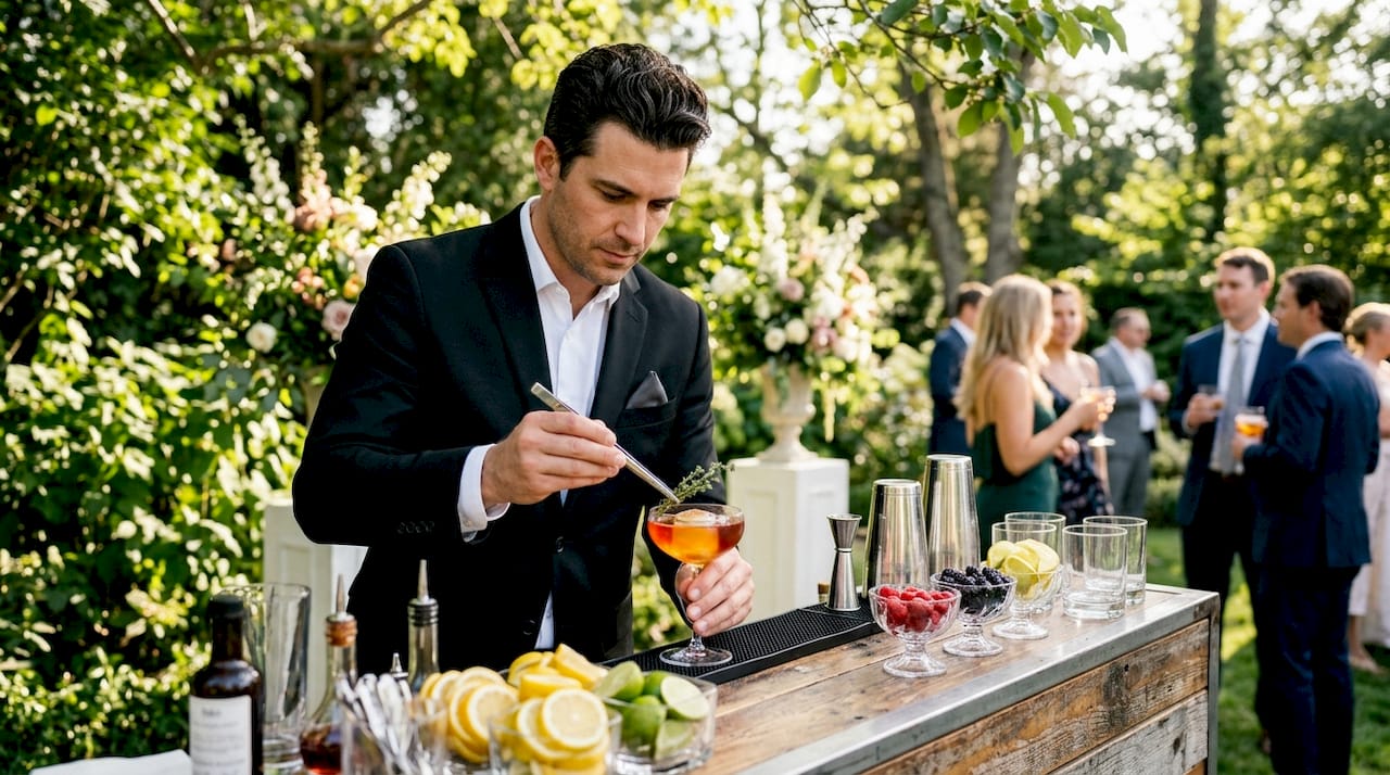 Bartender preparing drinks at corporate conference bar