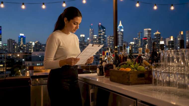 Event planner reviewing mobile bar setup outdoors