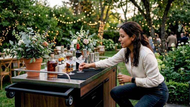 Event planner setting up portable bar in ballroom