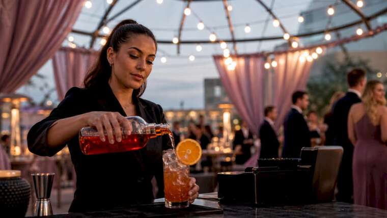 Bartender pouring Aperol Spritz at wedding bar