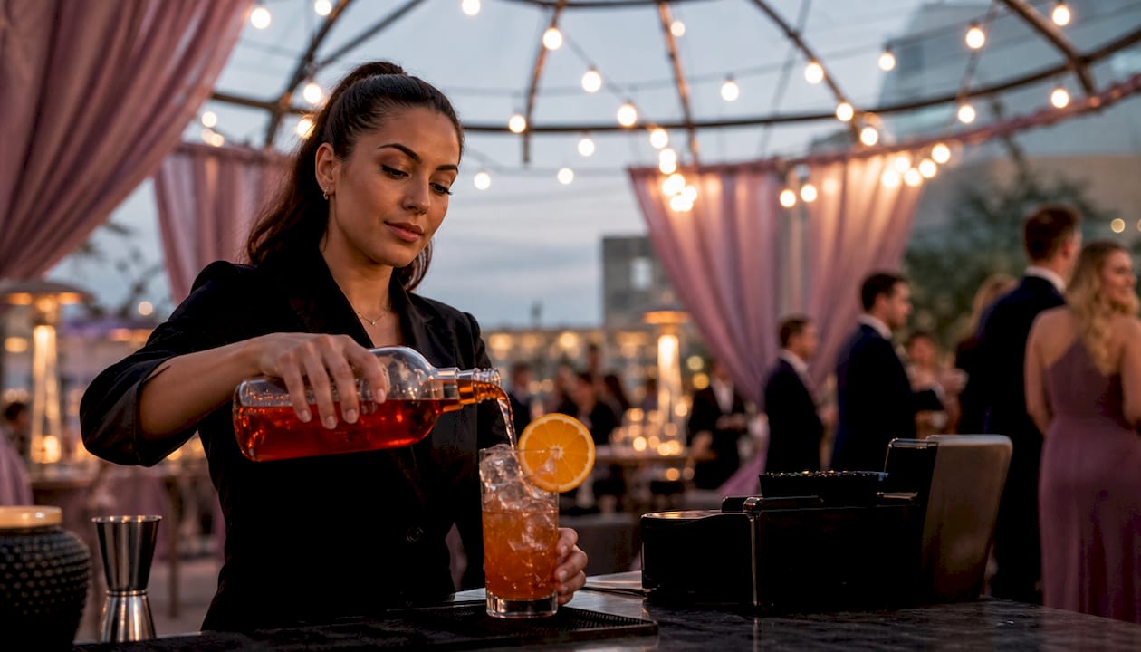 Bartender pouring Aperol Spritz at wedding bar