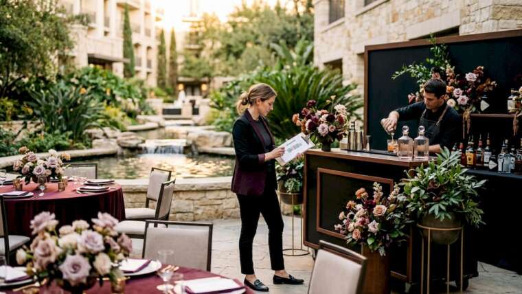 Event planner with mobile bar inside hotel ballroom