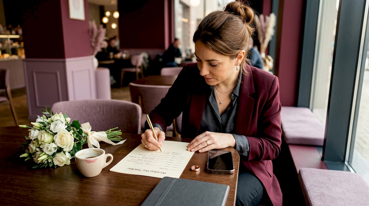 Wedding planner reviewing timeline for bar service timing
