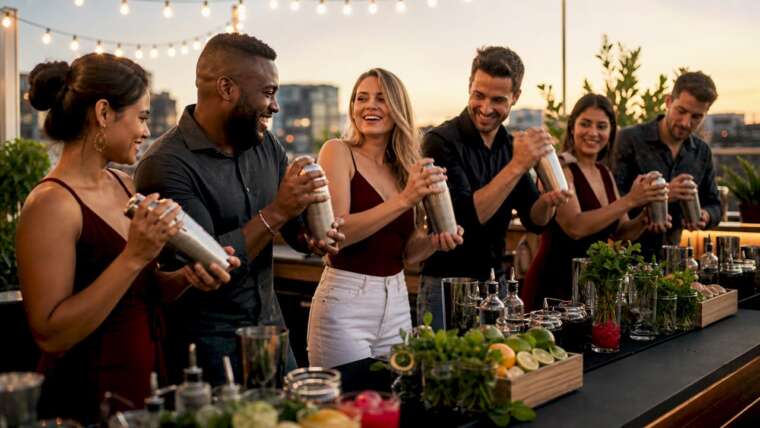 Team members participating in bartending workshop