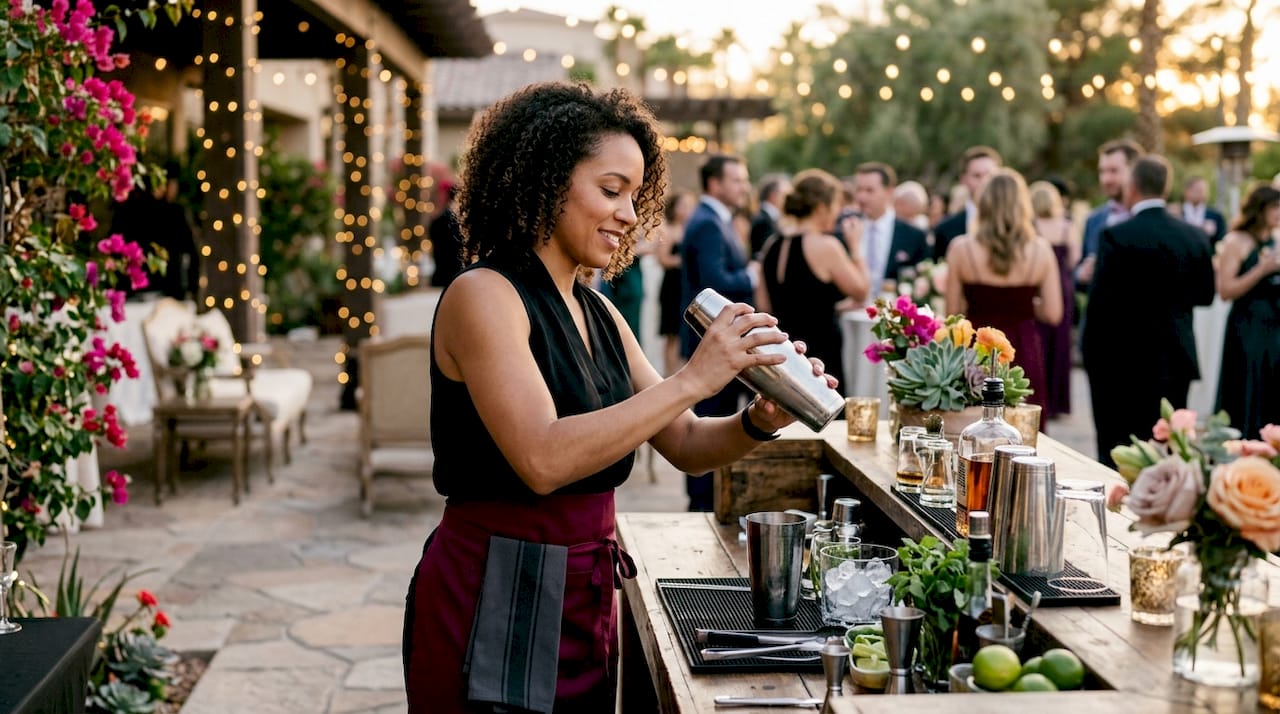 Bartender preparing signature wedding cocktails at bar