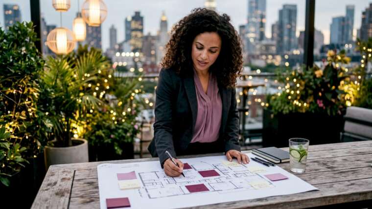 Event planner reviewing cocktail reception floor plan