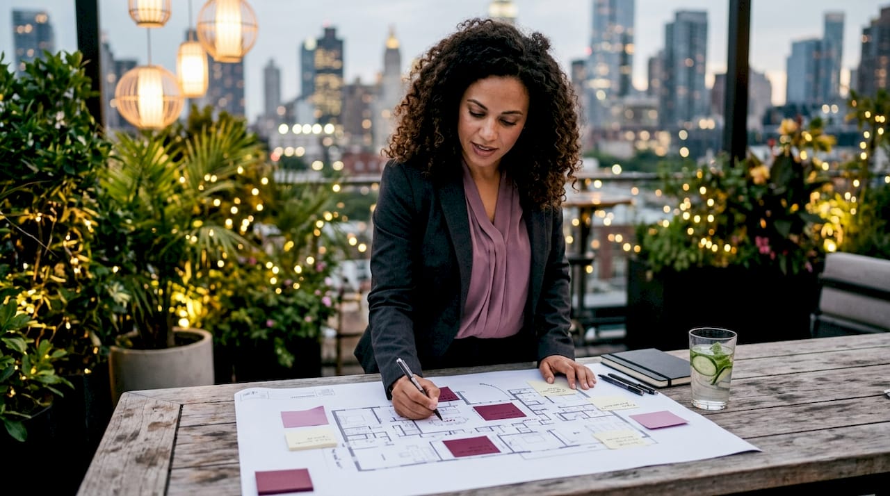 Event planner reviewing cocktail reception floor plan