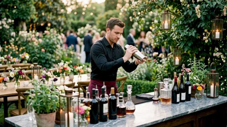 Bartender setting up event bar with drinks