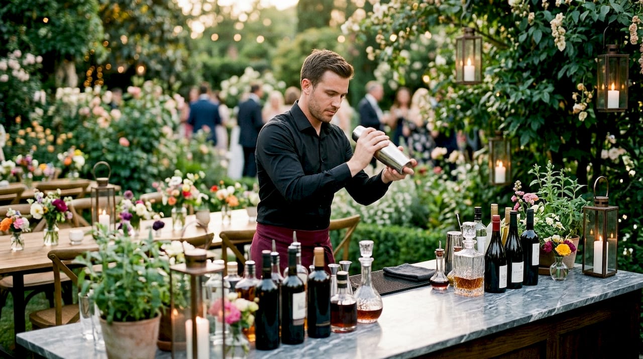 Bartender setting up event bar with drinks