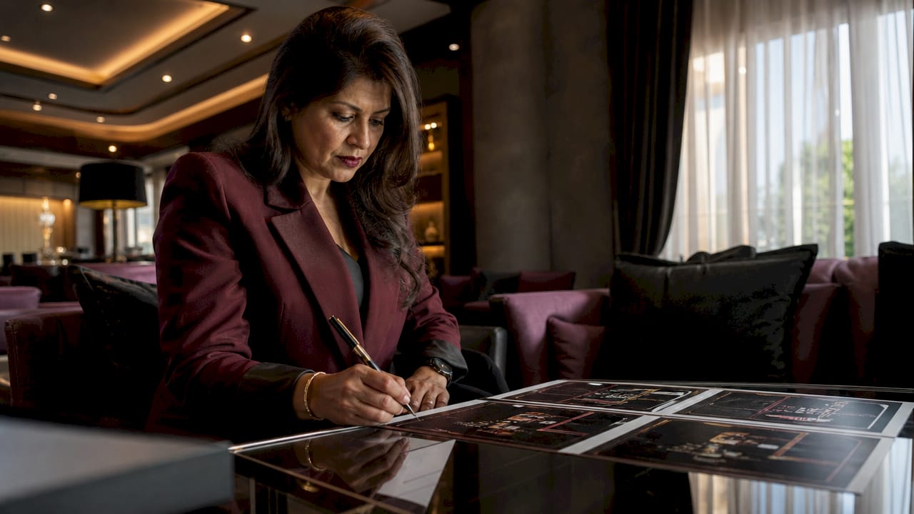 Event planner reviewing convention bartending package documents