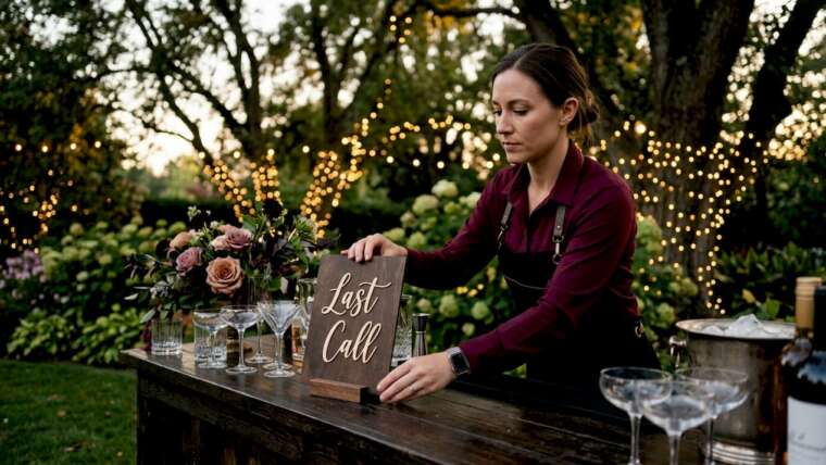 Bartender placing last call sign at wedding bar