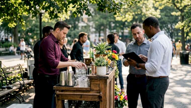 Team preparing networking event bar service