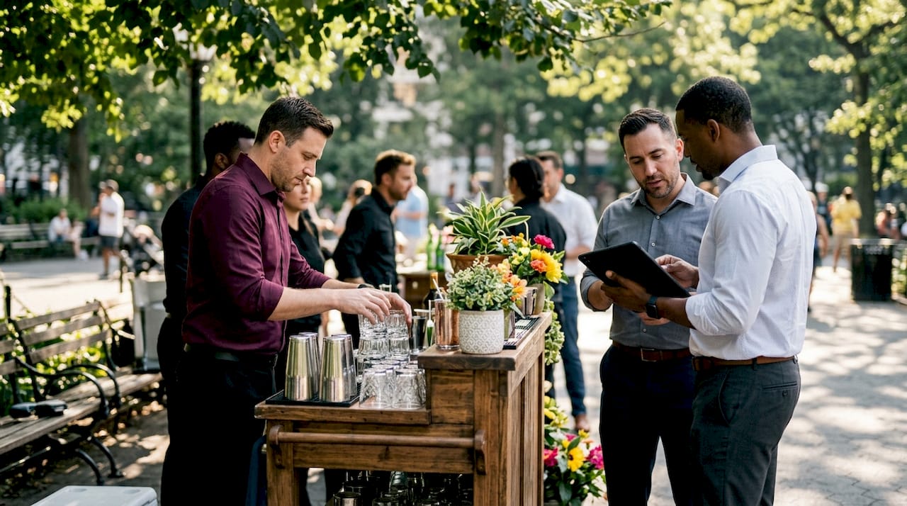 Team preparing networking event bar service