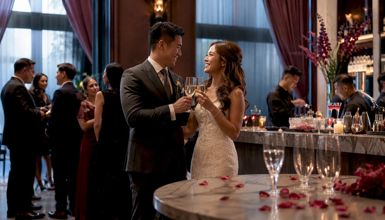 Bride and groom toasting at wedding open bar