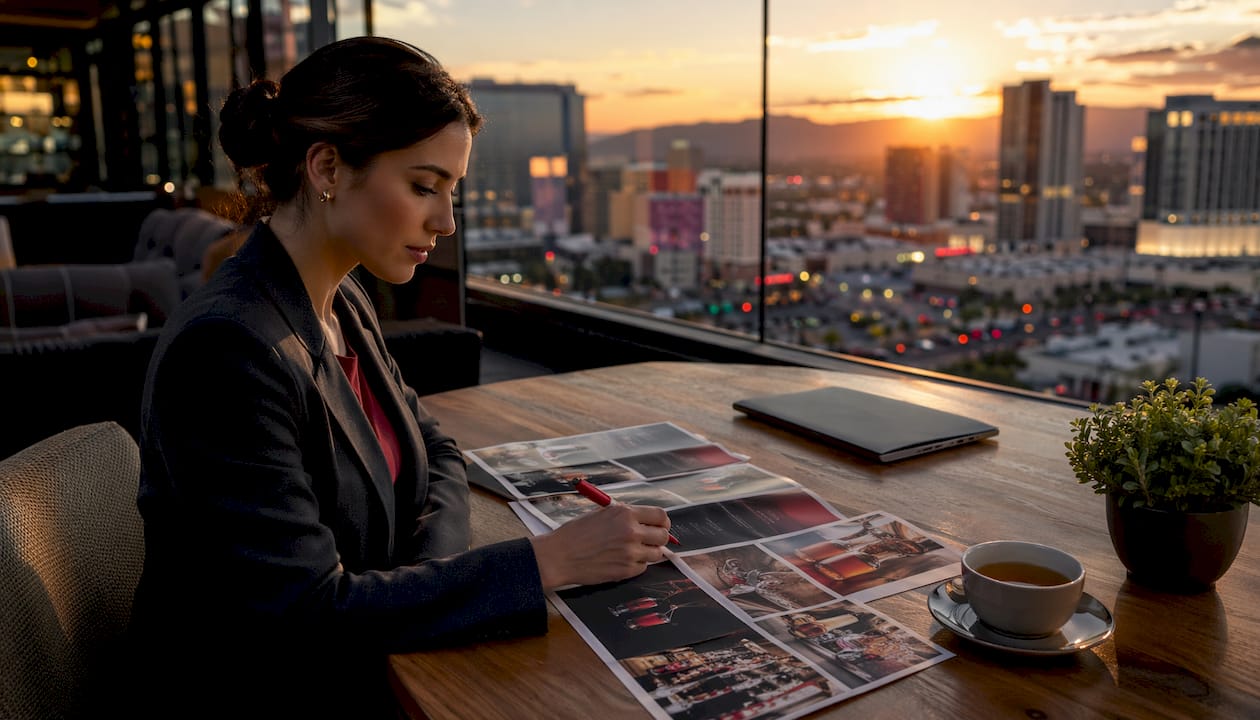 Event planner reviewing bartending services brochures