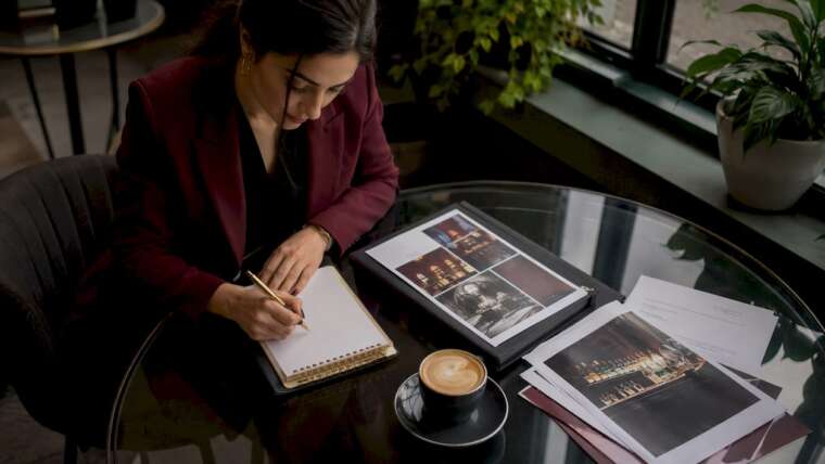 Event planner reviewing venue and mobile bar options