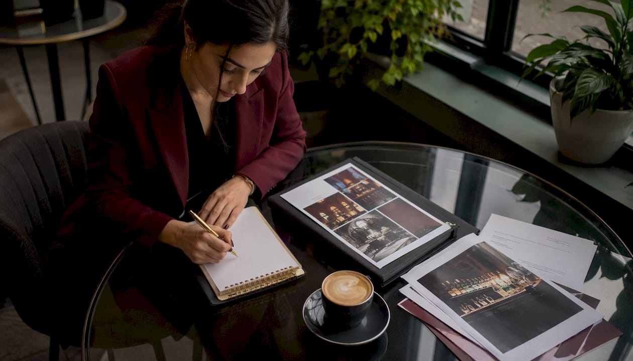 Event planner reviewing venue and mobile bar options