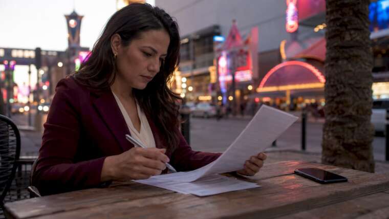 Woman reviewing mobile bartending quotes outdoors