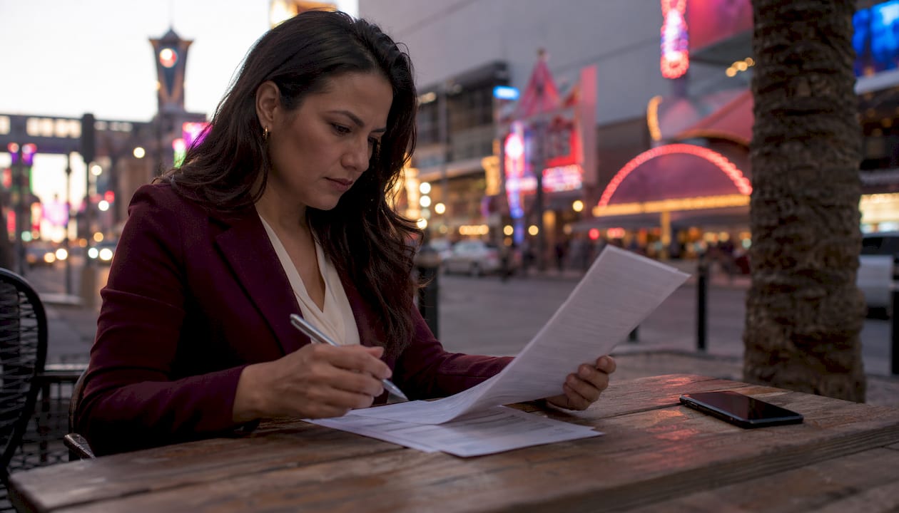 Woman reviewing mobile bartending quotes outdoors