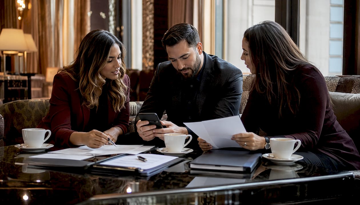 Venue managers reviewing mobile bar documents