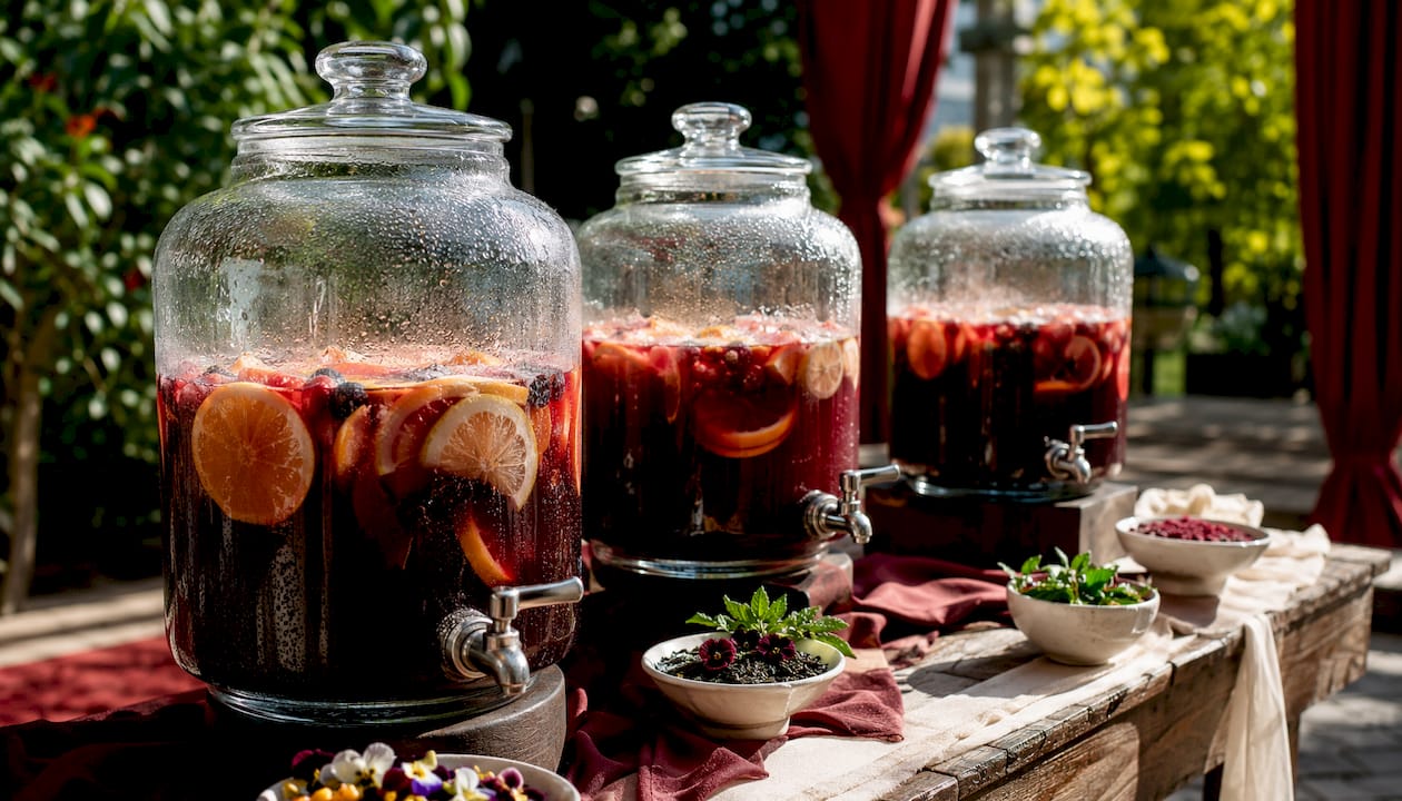 Close-up of sangria glass dispensers with fruit