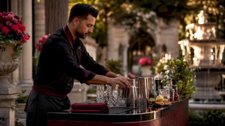 Bartender setting up bar before reception start