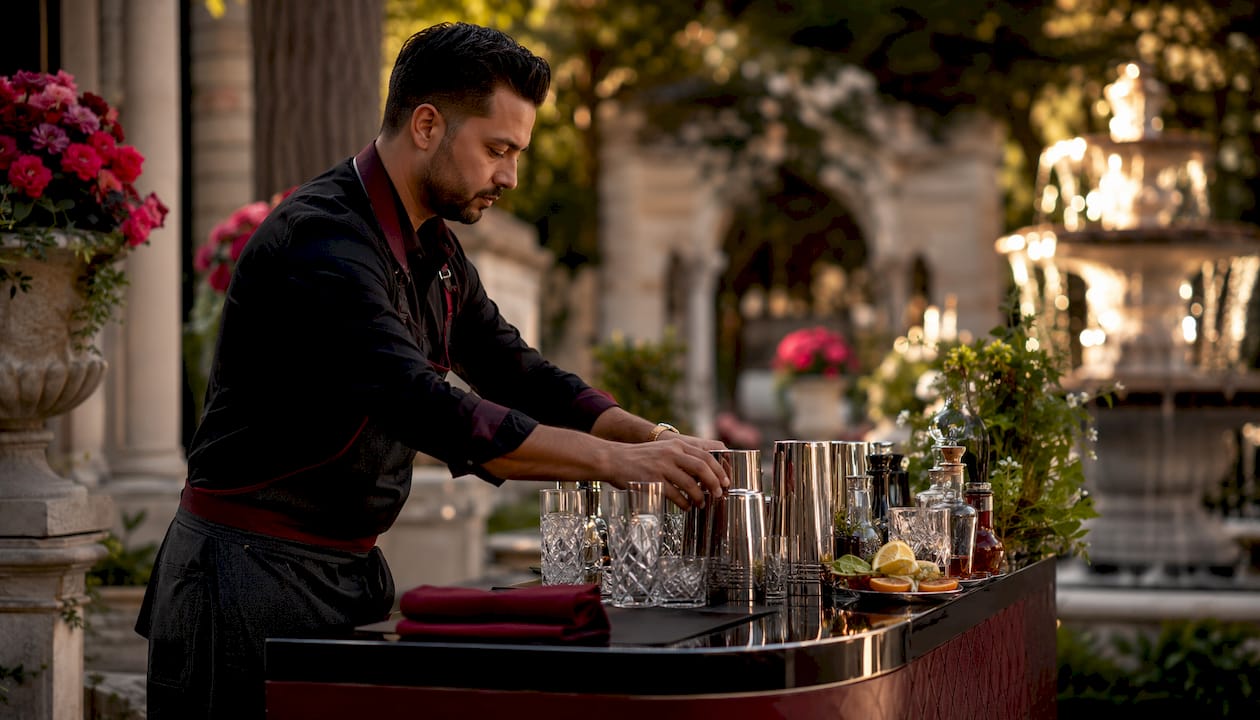 Bartender setting up bar before reception start