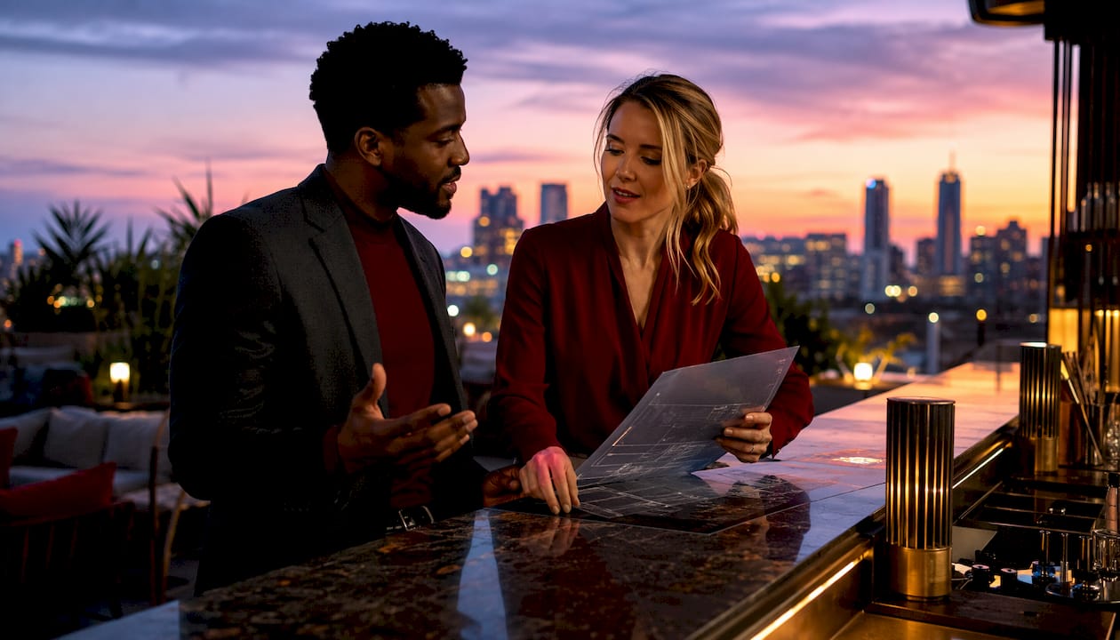 Two professionals reviewing bar layout samples