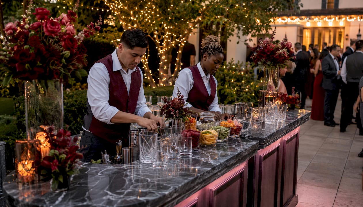 Bartenders preparing bar near event stage