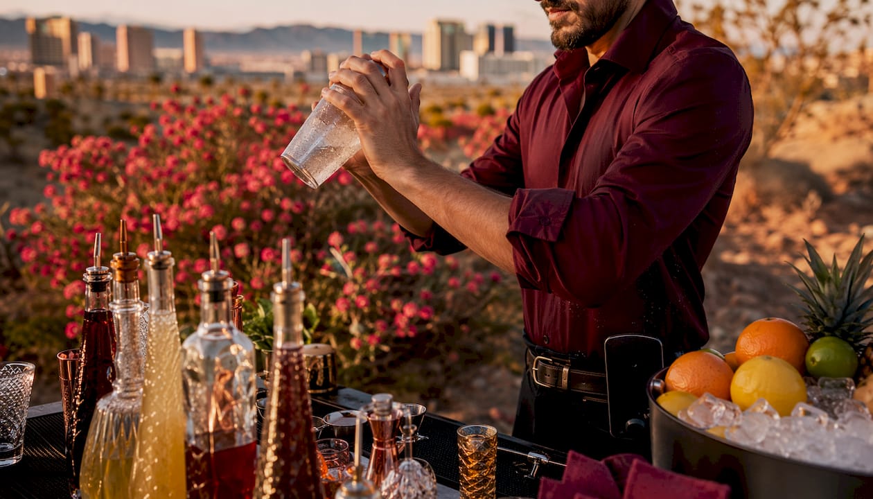 Bartender pouring cocktail at desert mobile bar