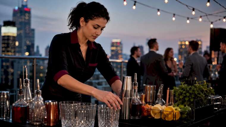 Bartender setting up full bar service station