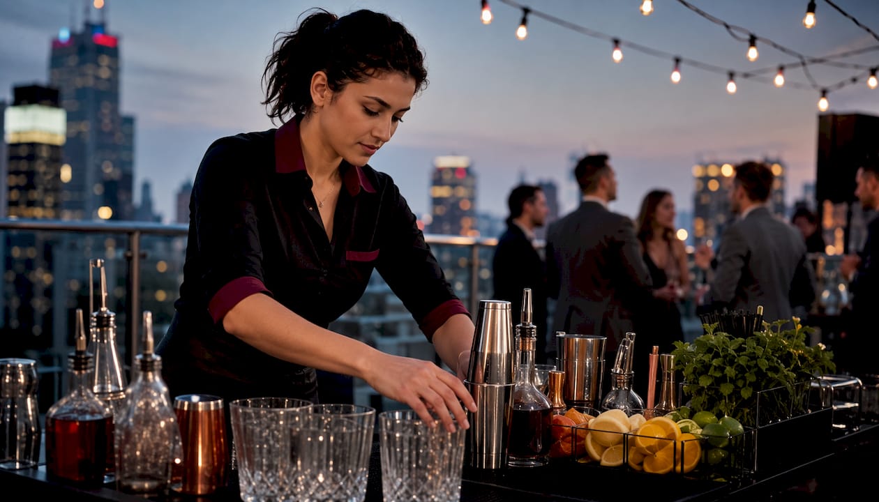 Bartender setting up full bar service station