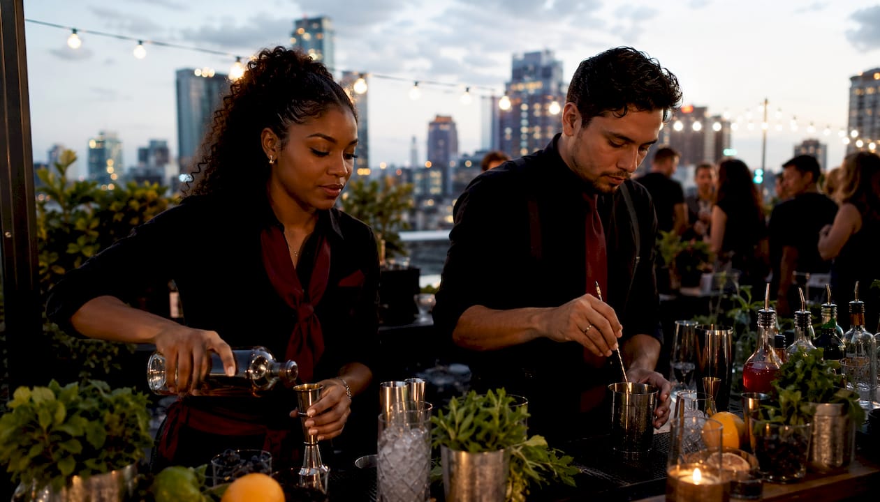 Two bartenders serving drinks at corporate event
