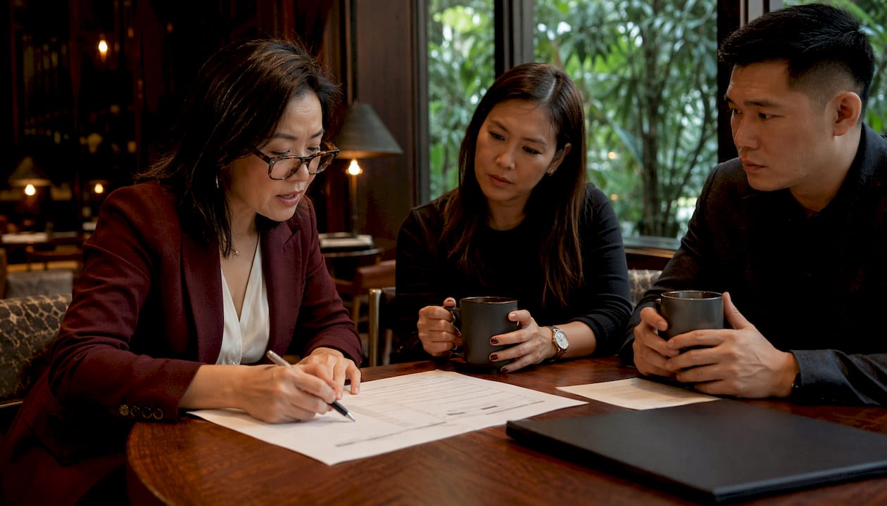 Event planner reviewing bar service timeline with colleagues