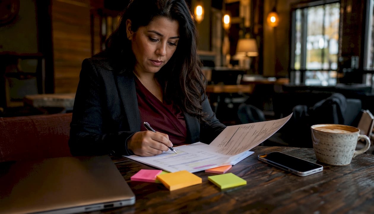 Event planner reviewing bartending invoice
