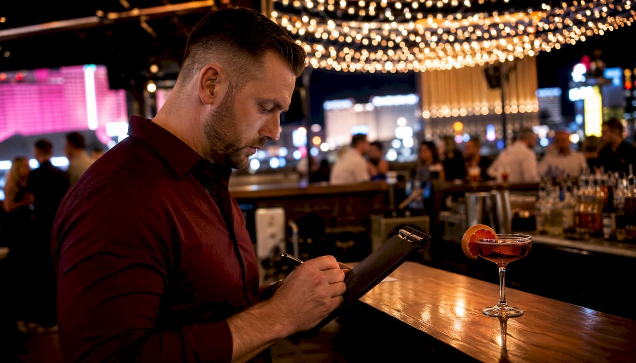 Bartender planning cocktail menu close-up