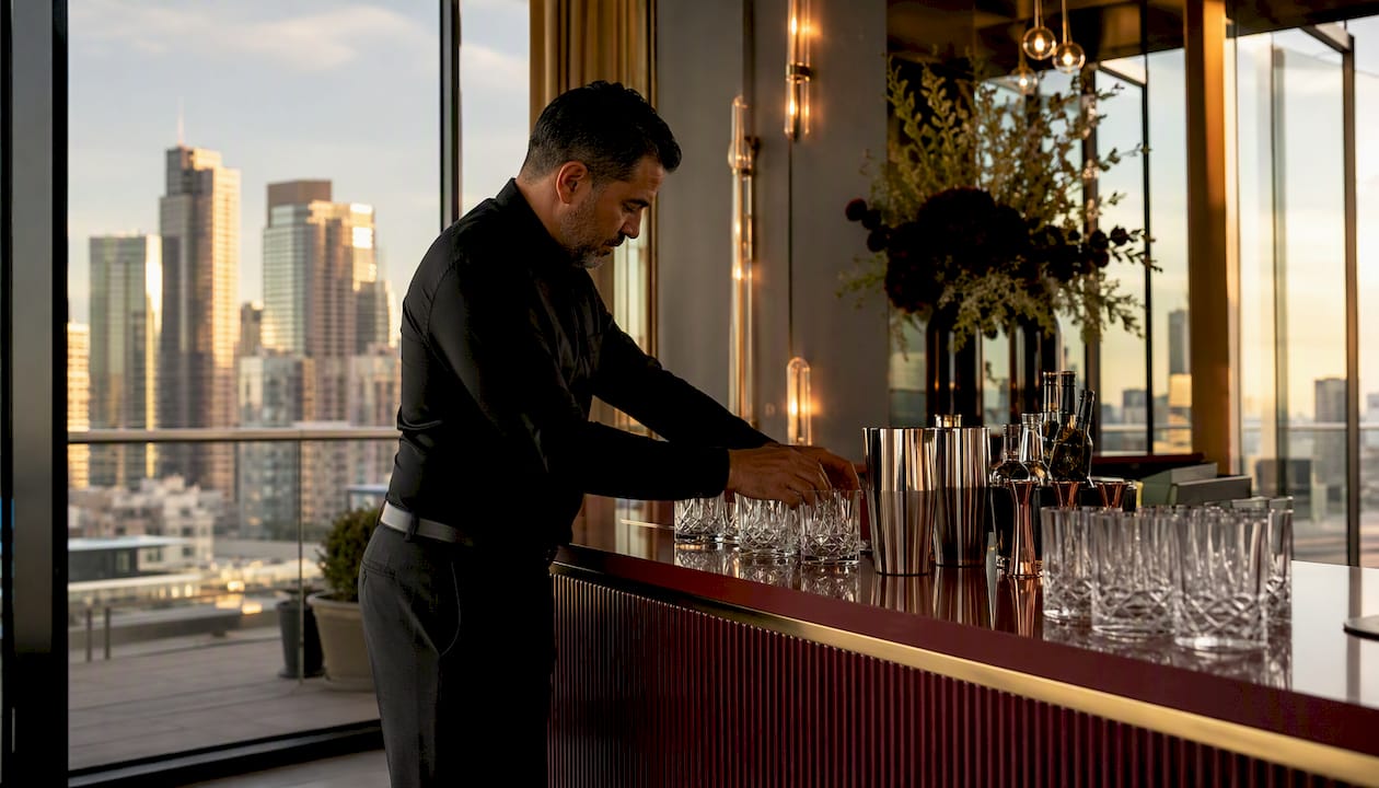 Bartender setting up mobile bar at corporate event