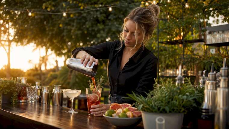 Female bartender preparing cocktail at outdoor event