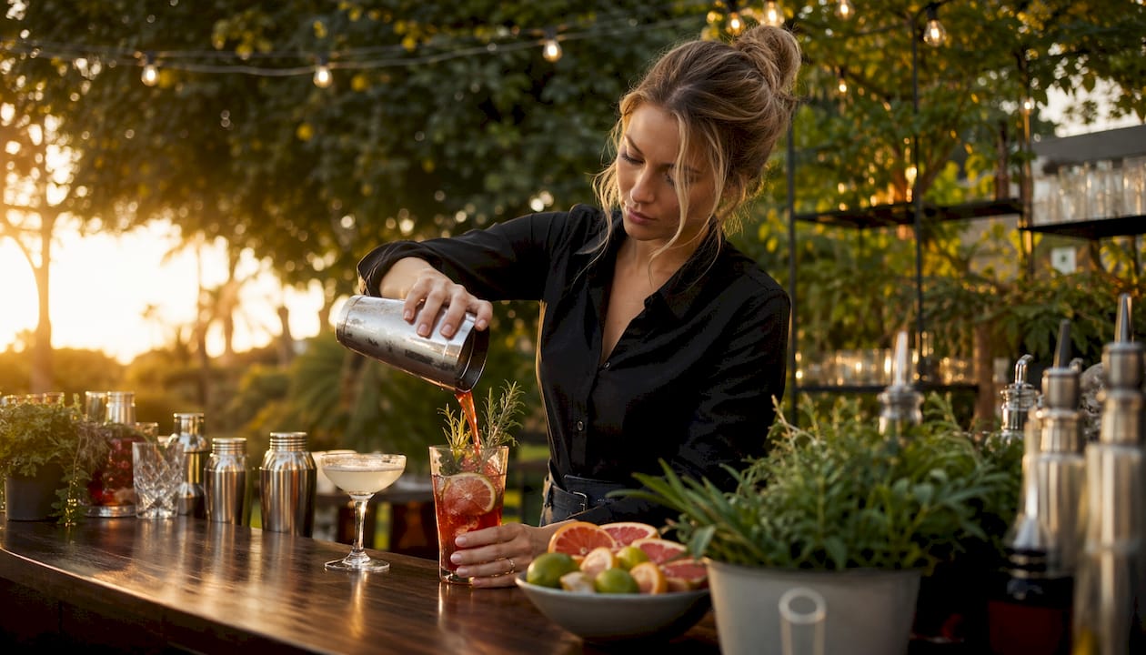 Female bartender preparing cocktail at outdoor event