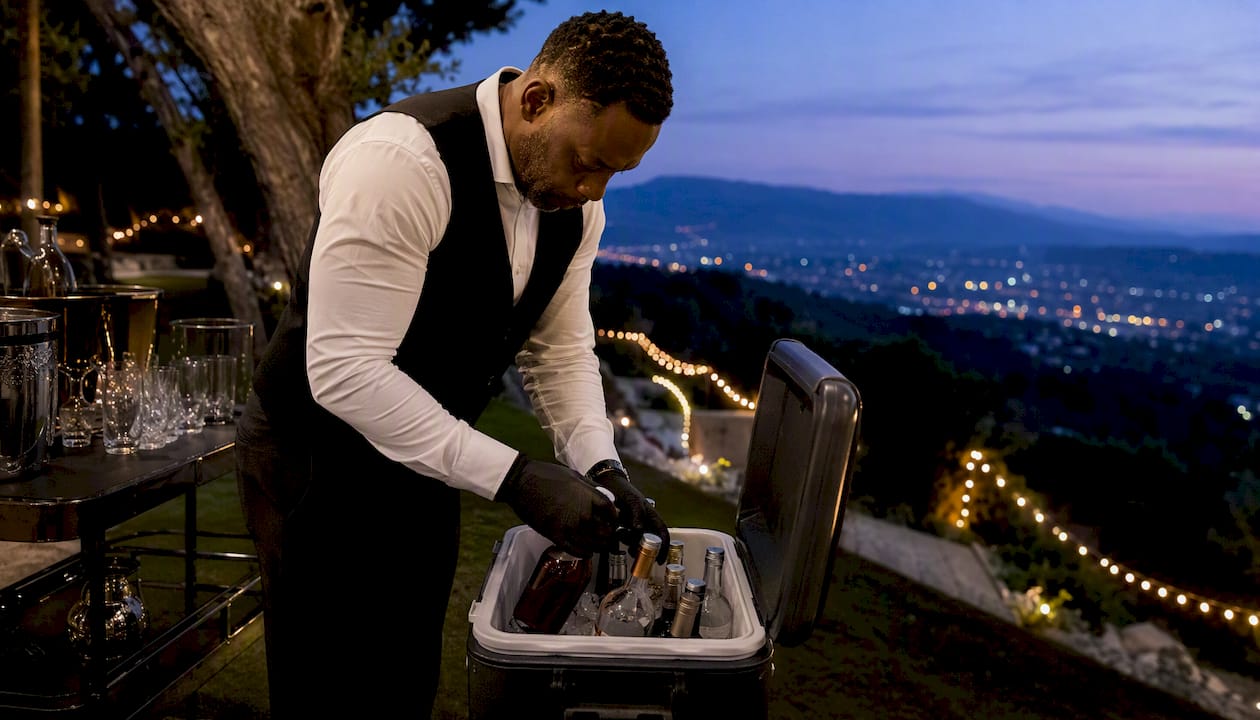 Bartender loading refrigerated mobile bar in desert