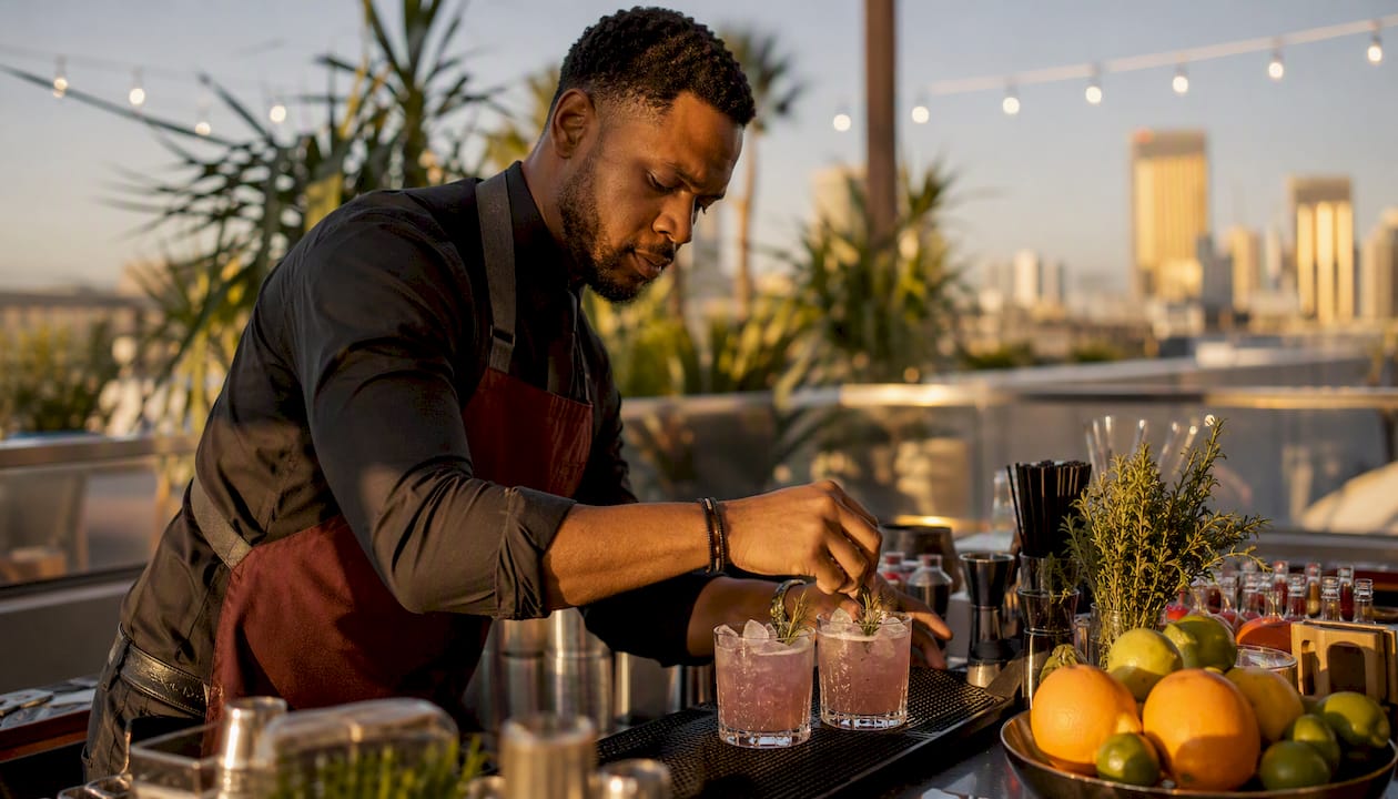 Bartender preparing mobile bar outdoors