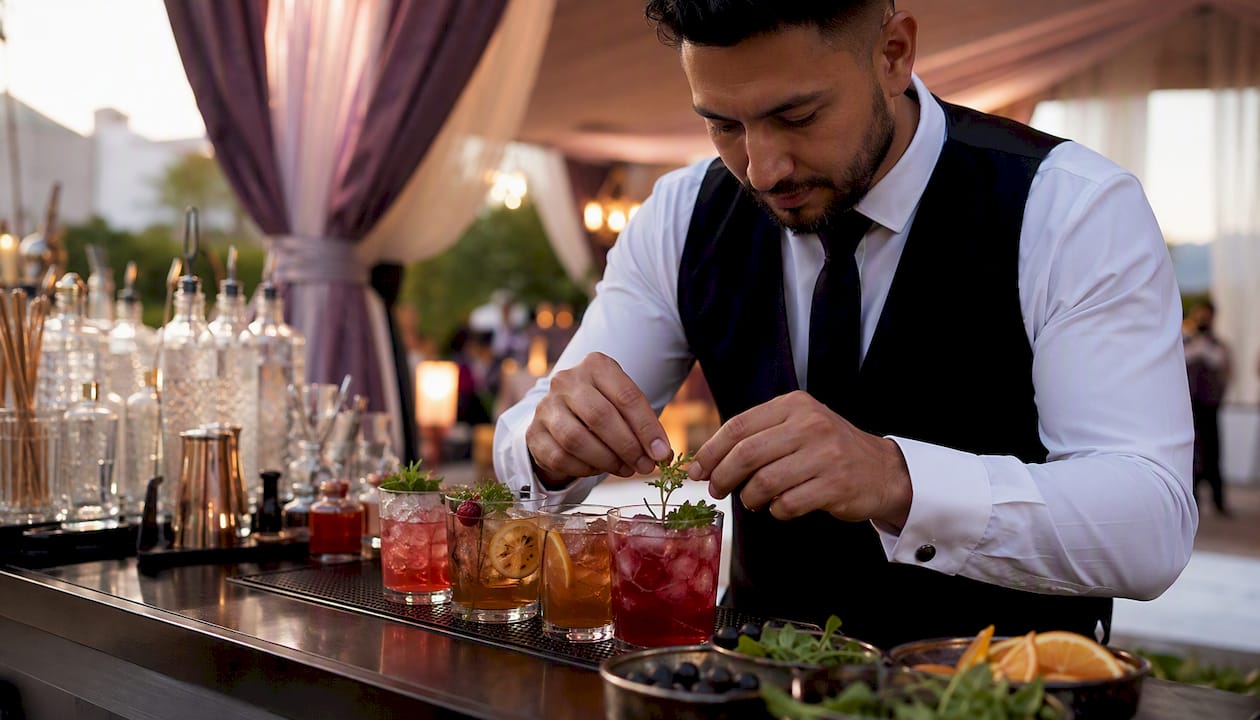 Bartender pouring cocktail with jigger at event bar