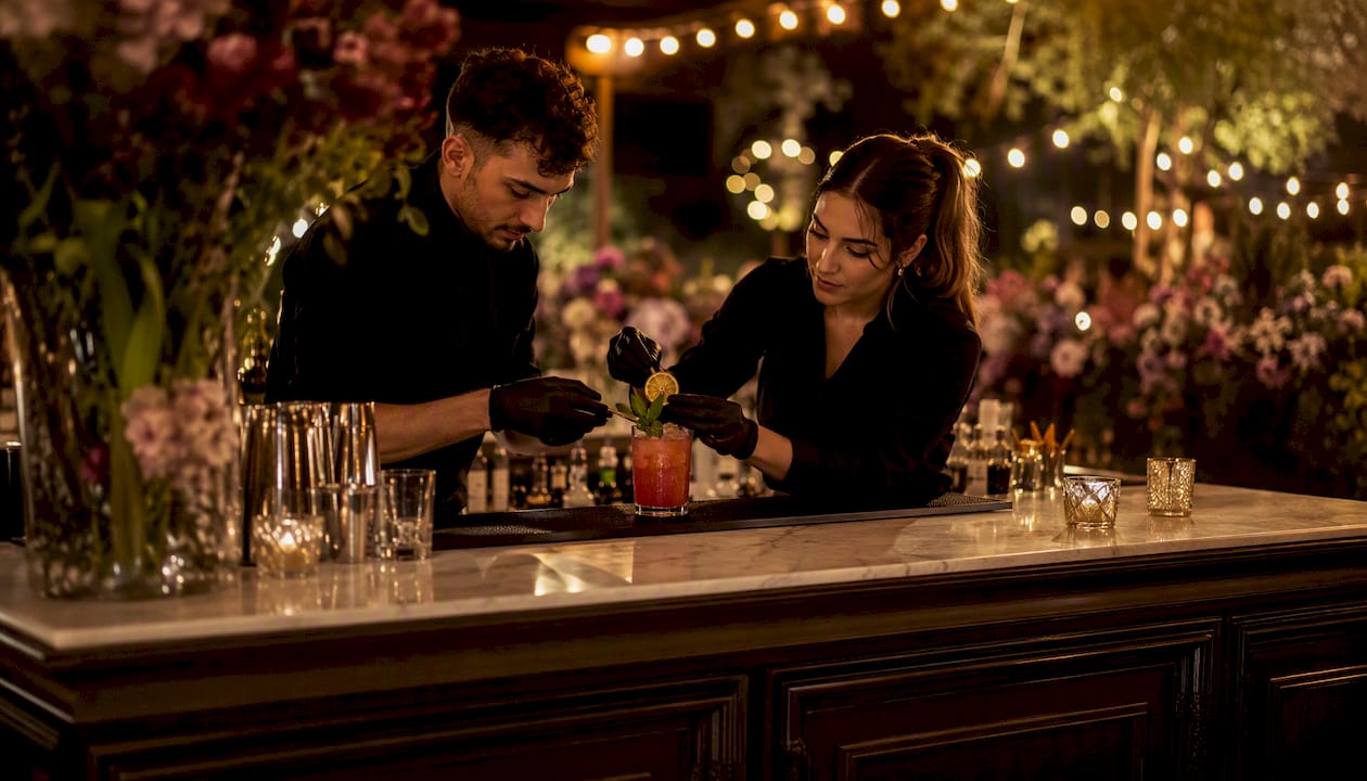 Bartenders preparing interactive cocktail station