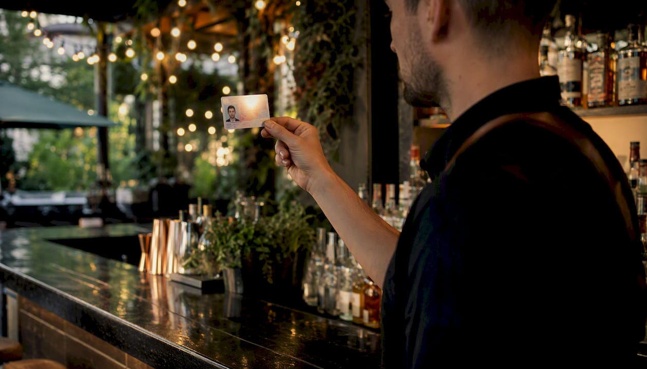 Bartender checking ID card at bar