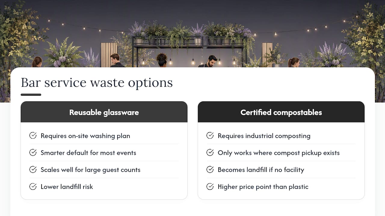 Diagram comparing reusable glassware and compostable serviceware impacts